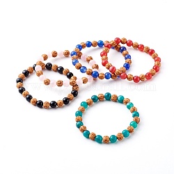 Imitation Wood & Gemstone Style Acrylic Beaded Stretch Bracelets, Round with Cross, Mixed Color, Inner Diameter: 2-1/8 inch(5.4cm), Beads: 8mm