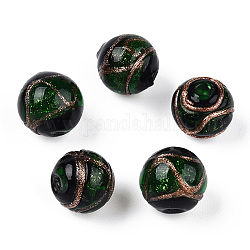 Handgemachte Glasperlen Goldsand, Runde, grün, 12~12.5x11.5 mm, Bohrung: 1.8 mm