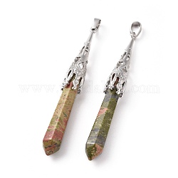 Natural Unakite Big Pendants, with Brass Finding, Bullet, Platinum, 75~80x10~10.5mm, Hole: 5x7mm