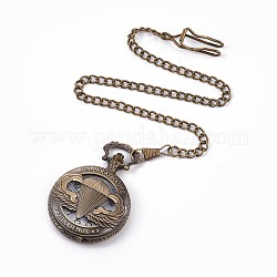 Alloy Pendant Necklace Quartz Pocket Watches, with Iron Chains and Lobster Claw Clasps, Flat Round with Word, Antique Bronze, 16.85 inch(42.8cm), Watch Head: 68x46x14.5mm, Watch Face: 35mm