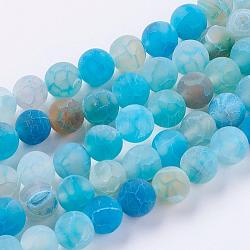 Natural Weathered Agate Beads Strands, Dyed, Frosted, Round, Deep Sky Blue, 8mm, Hole: 1mm, about 46pcs/strand, 14~15 inch