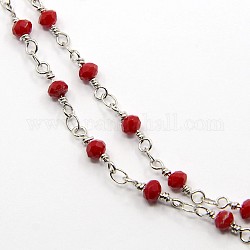 Unwelded Handmade Brass Chains, with Glass Beads, FireBrick, Link: 12mm, Oval: 2.5x3.5x0.5mm, Beads: 4x3mm