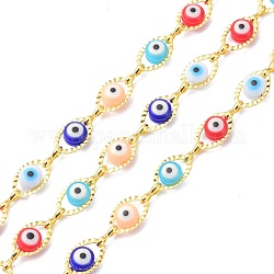 304 Stainless Steel & Evil Eye Glass Beads Link Chain, Long-Lasting Plated, Unwelded, with Spool, Golden, links: 6x1x2mm, evil eye: 6x10x4mm, about 16.4 Feet(5m)/roll