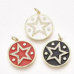 Brass Micro Pave Cubic Zirconia Pentacle Pendants, with Enamel, Flat Round with Star, Golden, Mixed Color, 23x20.5x2mm, Hole: 3.5mm, Ring: 5x0.8mm