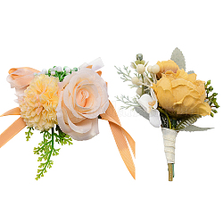 Craspire 2pcs 2 style poignet en soie de fleur rose et ensembles de broche en soie de fleur, pour le mariage, décorations de fête, peachpuff, Broche: 145x115x49 mm, pin: 0.7 mm, poignet : 64.5x10 mm