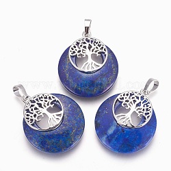 Pendentifs en lapis lazuli naturel, avec les accessoires en laiton de tonalité de platine, plat et circulaire avec arbre de vie, 32.5~33x27.5~28x5~6mm, Trou: 5x7mm