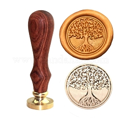 Wood Handle & Brass Head, for Wax Seal Stamp, Wedding Invitations Making, Tree of Life Pattern, Golden, 25mm