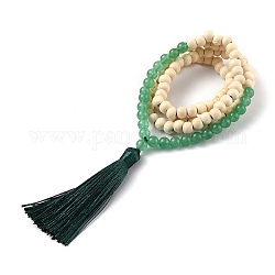Dual-use Items, Four Loops Wrap Bracelets or Necklaces, with Polyester Tassel, Round Natural Green Aventurine Beads and Wood Beads, 33-7/8 inch(86cm)