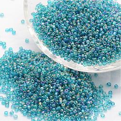 8/0 perles de rocaille rondes en verre, Grade a, couleurs transparentes arc, bleu ciel, 2.8~3.2mm, Trou: 1.0mm, environ 15000 pcs / livre