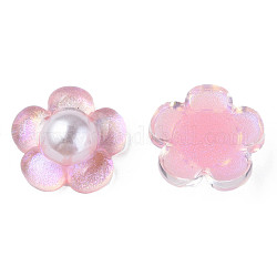 Cabochon in resina epossidica traslucida, con plastica abs imitazione perla e polvere di glitter, fiore, roso, 19x19.5x6.5mm