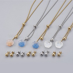 304 Stainless Steel Jewelry Sets, with Resin, Slider Necklaces and Stud Earring, Mixed Color, 23.62 inch(60cm), 2mm, 19x8mm, Pin: 0.8mm