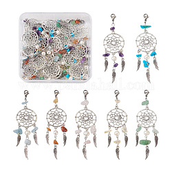 Kissitty 28Pcs 7 Style Natural Gemstone Chip Pendant Decoration, Alloy Woven Net/Web with Wing Hanging Ornament, with Natural Cultured Freshwater Pearl, 304 Stainless Steel Lobster Claw Clasps, 98~100mm, 4pcs/style