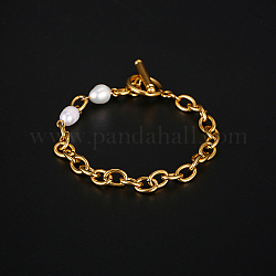 Stainless Steel Chain Bracelets, with Natural Pearl Beads, Real 18K Gold Plated, 7-1/4 inch(18.5cm)
