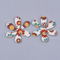 Printing PU Leather Pendants, with Double-Sided Flower Pattern, Flower, Colorful, 45.5x40x2mm, Hole: 1mm