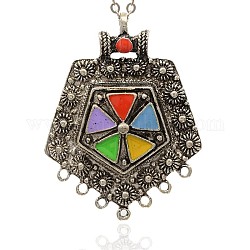 Antique Silver Alloy Enamel Links, Chandelier Components, Polygon, Colorful, 62x47x7mm, Hole: 2mm, 4mm