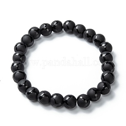 Perle di vetro smerigliato si estendono bracciali, tondo con motivo rombi, nero, perline: 8~8.5 mm, diametro interno: 2 pollice (5.2 cm)