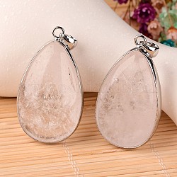 Natural Crystal Teardrop Pendants, with Platinum Plated Brass Findings, 46x26x14mm, Hole: 6x4mm