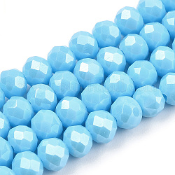FilI di perline in vetro placcato, lustro di perla placcato, sfaccettato, rondelle, cielo blu profondo, 3.5x3mm, Foro: 0.4 mm, circa 123~127pcs/filo, 13.7~14.1 pollice (35~36 cm)