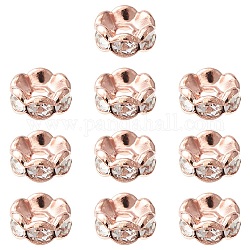 Abalorios de latón Diamante de imitación espaciador, Grado A, borde ondulado, rerondana plana, cristal, oro rosa, 6x3mm, agujero: 1 mm