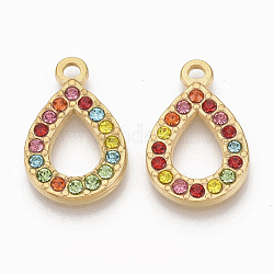 Golden Tone 304 Stainless Steel Pendants, with Rhinestone, Teardrop, Colorful, 18x12x2mm, Hole: 1.6mm