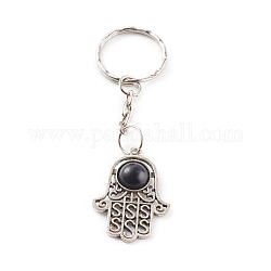 Alliage hamsa main/main de miriam porte-clés, avec porte-clés fendus en résine et fer, noir, argent antique, 9 cm
