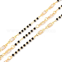 Chaînes de perles en laiton manuels, avec maillons rectangles en zircone cubique et perles de verre colonne, Plaqué longue durée, soudé, avec bobine, or, noir, lien: 10x2.5x1.5 mm, 1.5x1.5mm