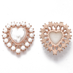 Cabochons en alliage à dos plat, avec perles en plastique imitation abs, or rose, cœur, blanc crème, 29x27x8mm