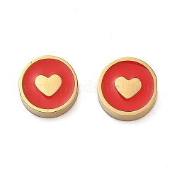 Perles en émail en 304 acier inoxydable, véritable 14k plaqué or, plat et circulaire avec coeur, rouge, 8x3.5mm, Trou: 2mm