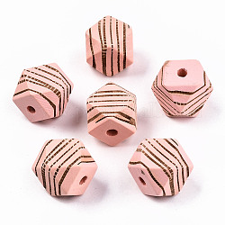 Painted Natural Wood Beads, Laser Engraved Pattern, Faceted, Polygon with Zebra-Stripe, Pink, 16x15.5~16.5x15.5~16.5mm, Hole: 3mm