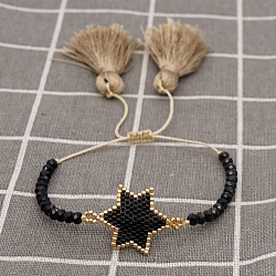 Pulsera de cuentas trenzadas de semillas miyuki con borla doble, pulsera de amistad estrella para mujer, negro, 11 pulgada (28 cm)