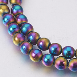 Electroplate Non-Magnetic Synthetic Hematite Beads Strands, Polished, Frosted, Round, Multi-color Plated, 6mm, Hole: 1mm, about 70pcs/strand, 16.1 inch(41cm)