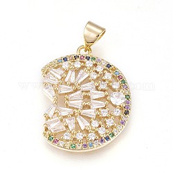 Brass Micro Pave Cubic Zirconia Pendants, Long-Lasting Plated, Lead Free & Cadmium Free & Nickel Free, Flat Round, Colorful, Real 18K Gold Plated, 24.5x18.5x3mm, Hole: 5.5x3.5mm