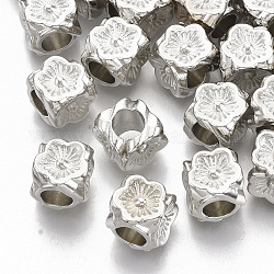 Beschichtung abs Kunststoff europäische Perlen, Großloch perlen, Würfel mit Blume, Platin Farbe, 8.5x8.5x8.5 mm, Bohrung: 4.5 mm