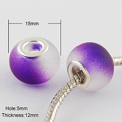 Two Tone Large Hole Rondelle Rubberized Glass European Beads, with Silver Plated Brass Double Cores, Dark Violet, 15x12mm, Hole: 5mm