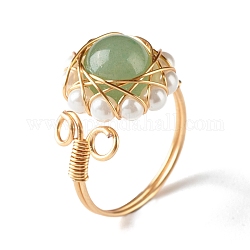Anillo de dedo de aventurina verde natural para niña mujer, anillo de perlas de concha redonda, anillo de alambre de latón, dorado, nosotros tamaño 7 3/4 (17.9 mm)