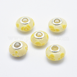 Perles européennes artisanales en pâte de polymère, avec noyaux en laiton plaqué couleur argent, Perles avec un grand trou   , rondelle avec motif de fleurs, jaune clair, 13~16x8~11mm, Trou: 4.5~5mm