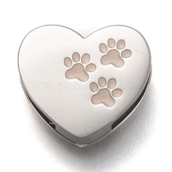 304 Stainless Steel Slide Charms, Enamel Style, Heart with Paw Print, Bisque, Stainless Steel Color, 12x13x3.5mm, Hole: 8.5x1.5mm