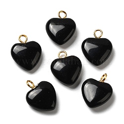 Colgantes de obsidiana naturales, dijes de corazón con presillas de latón bañado en oro, 15~15.5x12~12.5x4.5~5.5mm, agujero: 2 mm