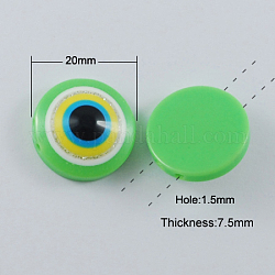 Flat Round Resin Evil Eye Beads,  Two Holes, Lime, 20x7.5mm, Hole: 1.5mm