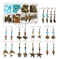 Sunnyclue diy kits de fabricación de pendientes con tema retro del océano, incluyendo colgantes de aleación y latón, cuentas de concha naturales de agua dulce, piedras preciosas mixtos, Pendientes de latón, Bronce antiguo