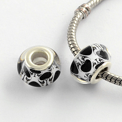 Large Hole Heart Pattern Acrylic European Beads, with Platinum Tone Brass Double Cores, Rondelle, White, 14x9mm, Hole: 5mm