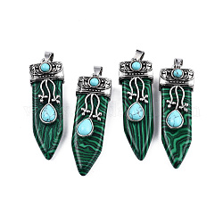 Synthetic Malachite Pendants, with Alloy Findings, Sword, Dyed, Antique Silver, 49~55x16x10~11mm, Hole: 6.5x3mm