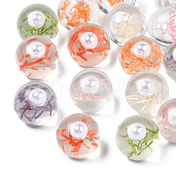 Translucent Acrylic Cabochons, with ABS Imitation Pearl Beads and Hay, Round, Mixed Color, 10x9.5mm