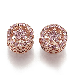 Perles européennes en alliage avec strass, creux, Perles avec un grand trou   , plat et circulaire avec étoile, or rose, rose, 12x11x9mm, Trou: 5mm