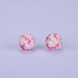 Printed Round with Flower Pattern Silicone Focal Beads, Pink, 15x15mm, Hole: 2mm