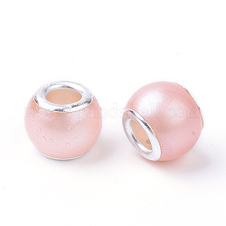 Perlas de imitacion de perlas de imitacion de cristal abs abs, Abalorios de grande agujero, rerondana plana, Con núcleos de latón plateado color plata, rosa, 11.5~12x9~10mm, agujero: 5 mm
