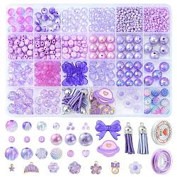 DIY Flower Bracelet Making Kit, Including Letter & Flower & Heart Acrylic & Glass Seed Beads, Croissant & Bowknot & Star Alloy & Tassel Pendant, Purple
