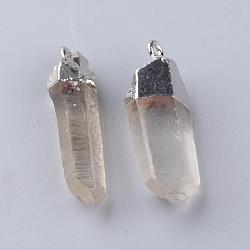 Vernickelte natürliche Quarzkristallanhänger, mit Messing-Zubehör, Nuggets, Platin Farbe, 38~48x8~16x6~13 mm, Bohrung: 2.5 mm
