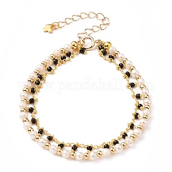 Multi-strand Bracelets, with Brass Beads & Curb Chains & Spring Ring Clasps, Glass Beads, Natural Pearl Beads and 304 Stainless Steel Cross Charms, Golden, Black, 7-3/8 inch(18.8cm)