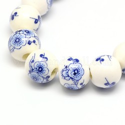 Cuentas de cerámica de la porcelana de la flor hecha a mano impresa hebras, redondo, azul real, 10mm, agujero: 2 mm, aproximamente 35 pcs / cadena, 13.5 pulgada